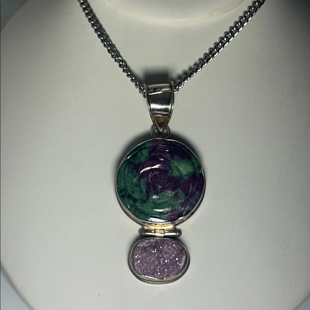 Artisan Made Vintage Sterling Silver Multi Gemstone Pendant Necklace